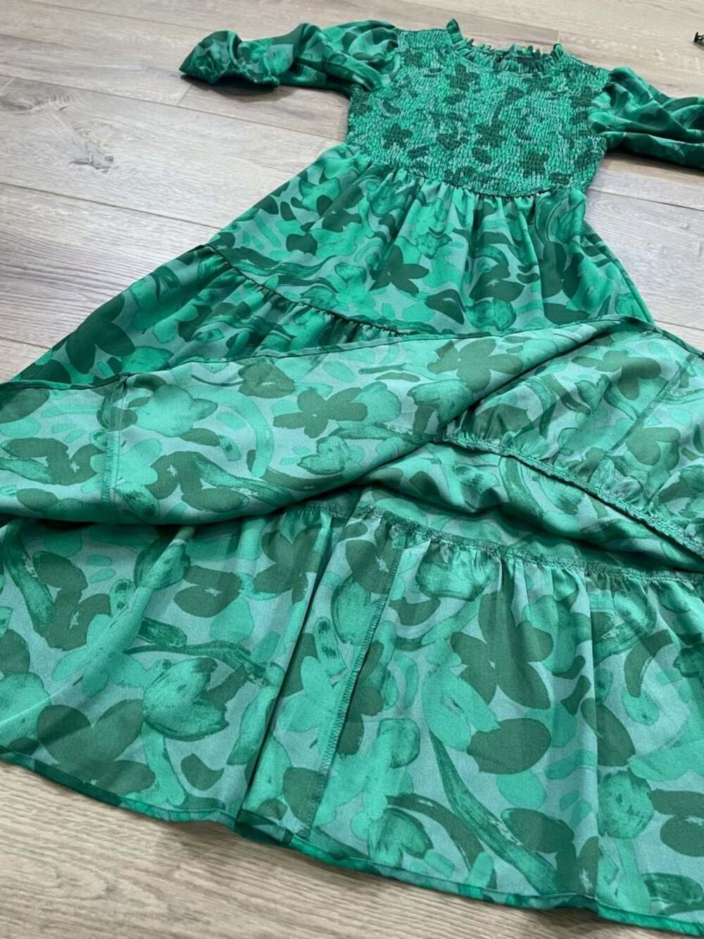 Sugarlips Emerald Green Floral Smocked Tiered Midi Dress Puff Sleeve Small - Picture 9 of 14